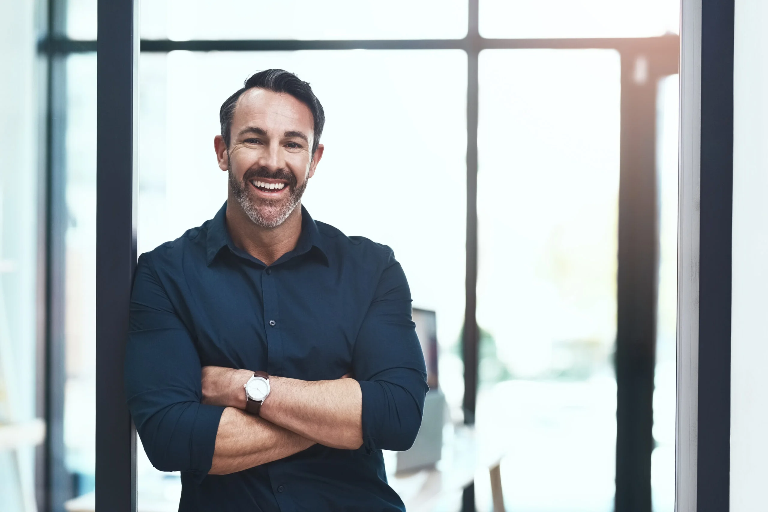 Office, smile and portrait of businessman with arms crossed corporate, job for or confidence in career. Mature person, face and architect at work with ambition, satisfaction or happiness in Australia